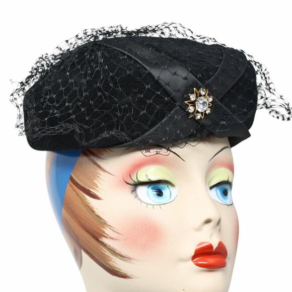 Vintage 50s Hat Black Peachbloom Velour Merrimac Body Rhinestone Trim - Hey Viv - Picture 2 of 8